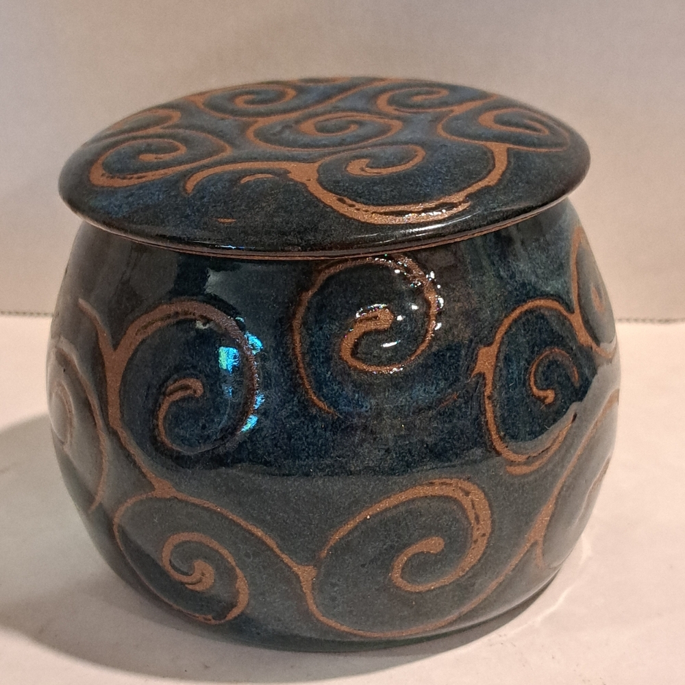 Stoneware Pottery French Butter Keeper Crock Cup Bell Blue and Tan.